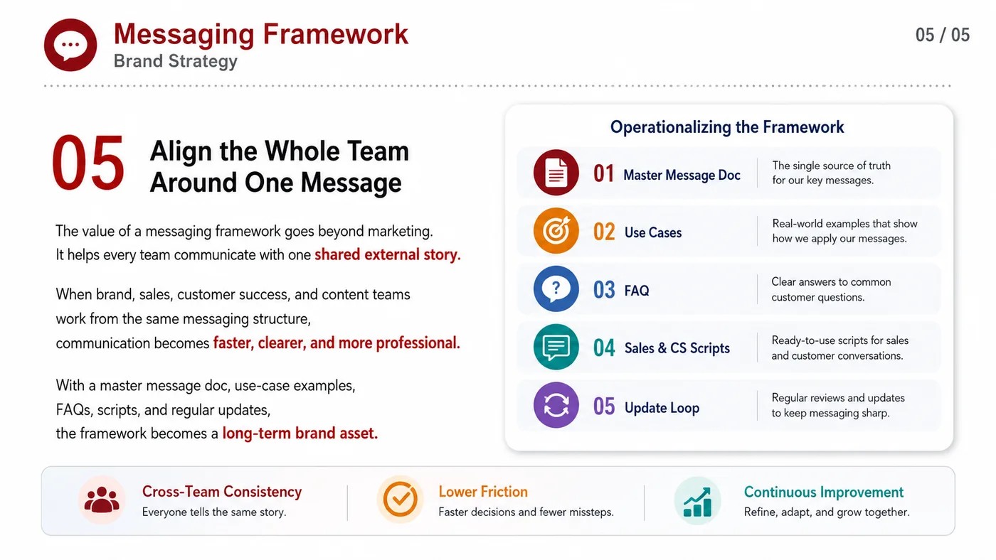 Messaging Framework service card, page 4: Messaging Framework turns English narrative, sales assets, trust content and lead tracking into business-development as...