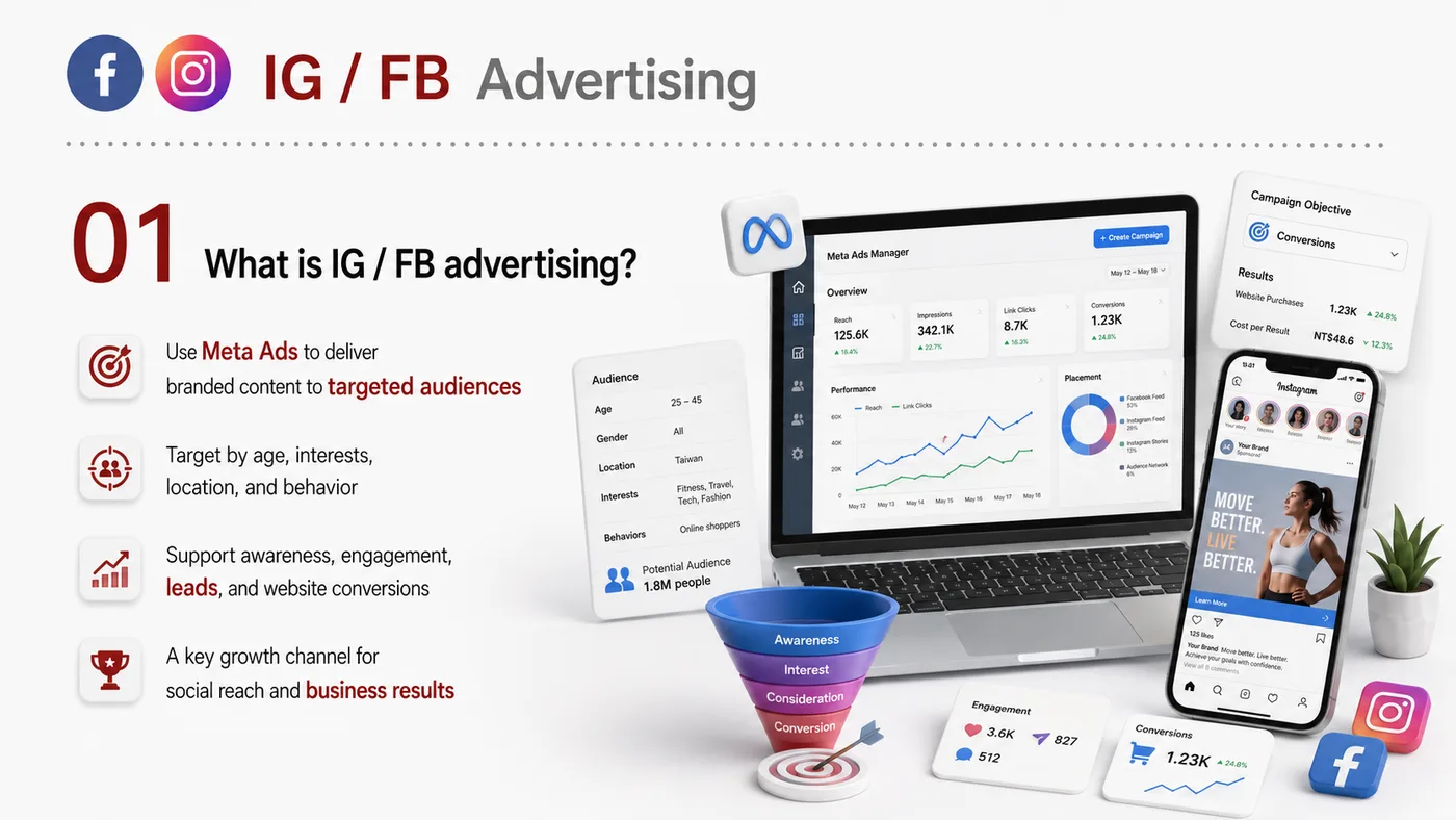 Meta Ads service card, page 1: Meta Ads designs North America media around audience, creative, landing pages and conversion events so spend can be tra...