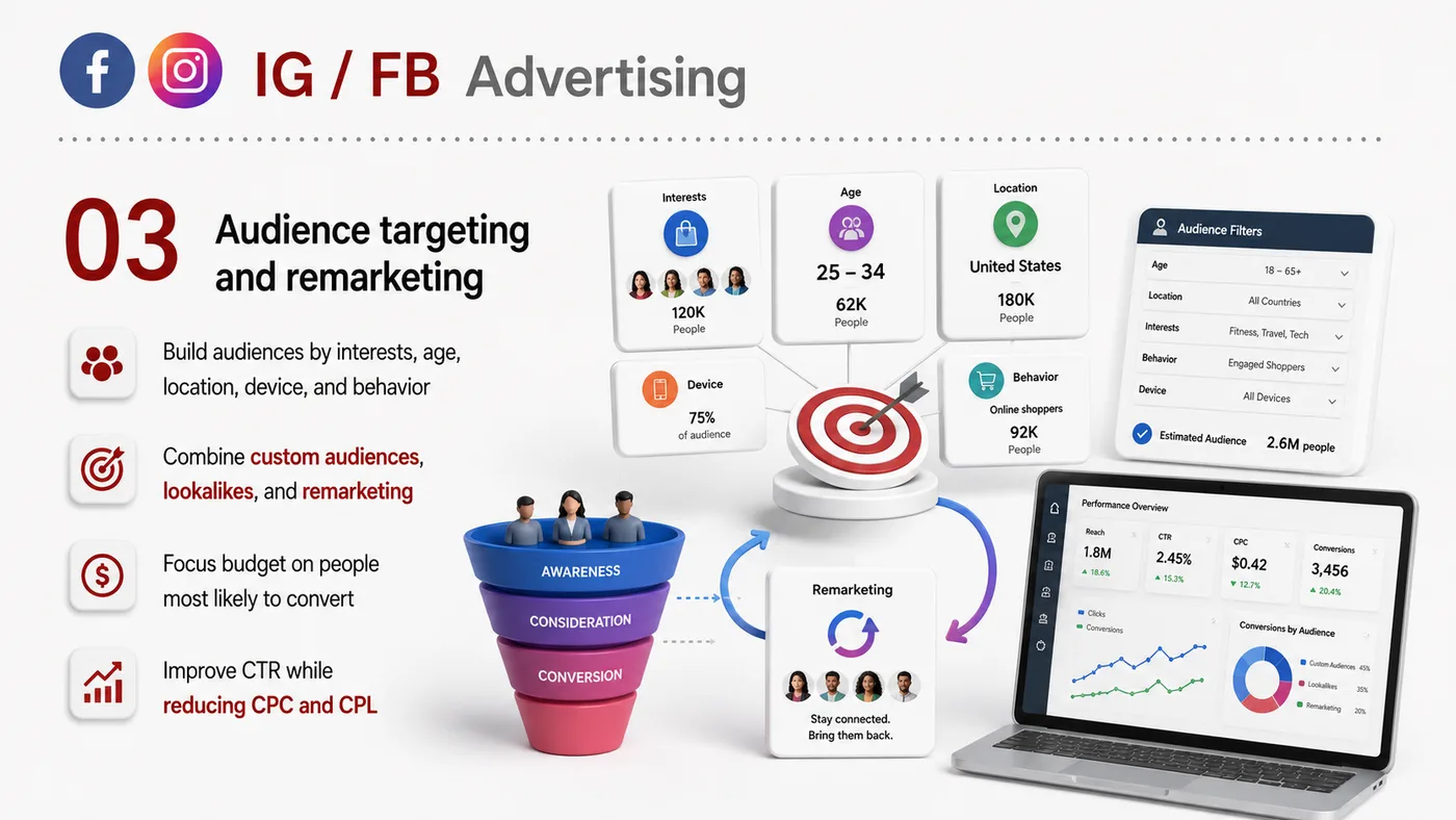 Meta Ads service card, page 3: Meta Ads designs North America media around audience, creative, landing pages and conversion events so spend can be tra...