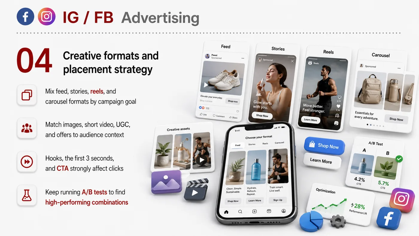 Meta Ads service card, page 4: Meta Ads designs North America media around audience, creative, landing pages and conversion events so spend can be tra...