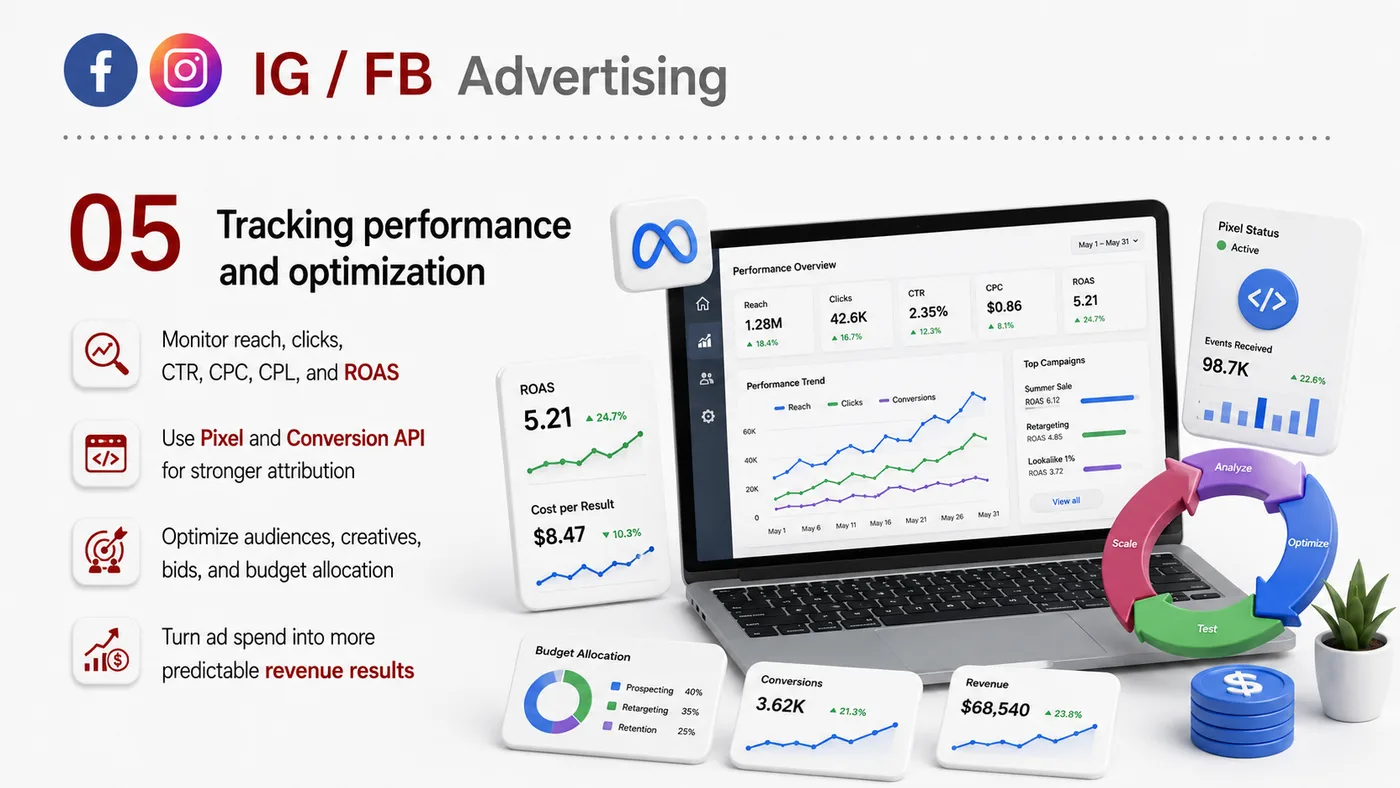 Meta Ads service card, page 5: Meta Ads designs North America media around audience, creative, landing pages and conversion events so spend can be tra...