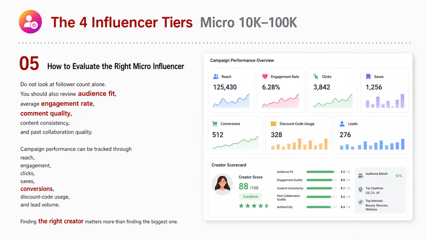Micro Influencer service card, page 1: Micro Influencer focuses on North America creator and community collaboration through screening, briefs, contracts, rev...