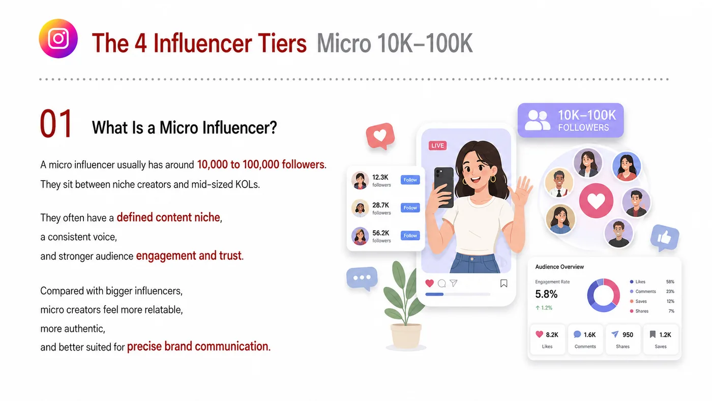 Micro Influencer service card, page 2: Micro Influencer focuses on North America creator and community collaboration through screening, briefs, contracts, rev...