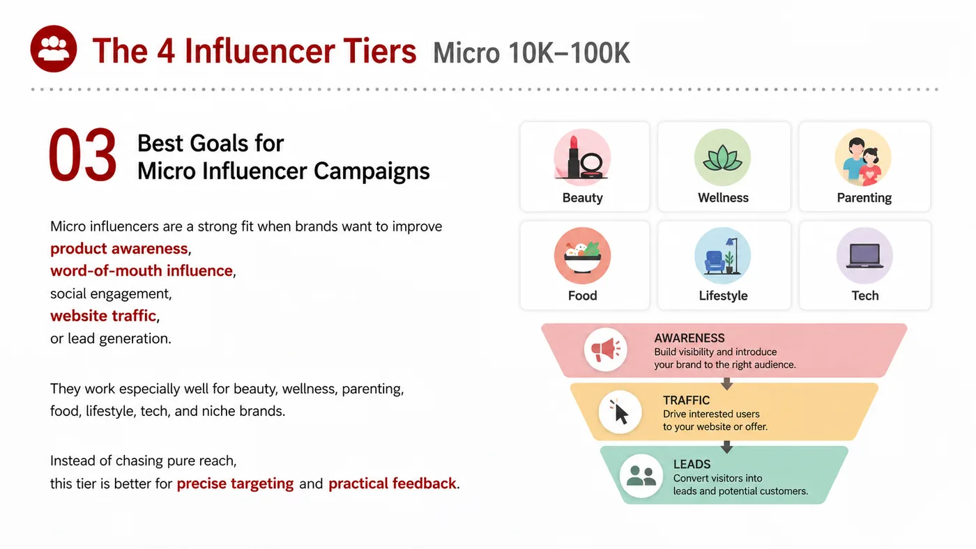 Micro Influencer service card, page 4: Micro Influencer focuses on North America creator and community collaboration through screening, briefs, contracts, rev...