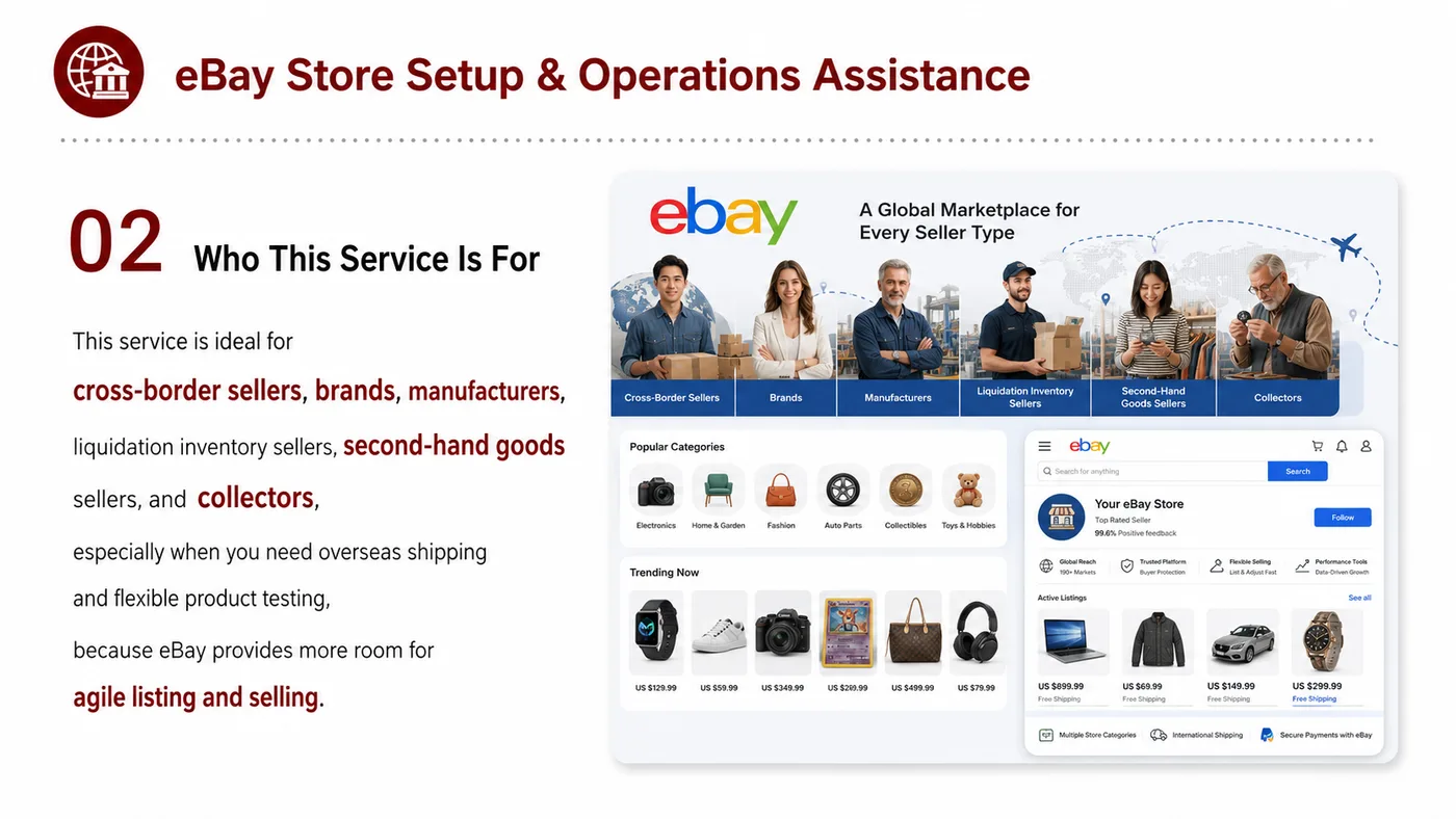 eBay, Etsy and Walmart.com service card, page 2: eBay, Etsy and Walmart.com focuses on platform setup, data preparation, listing optimization, ads, reviews and ongoing...