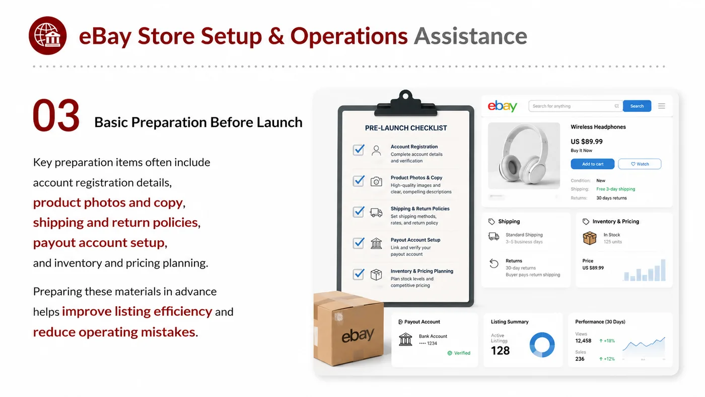 eBay, Etsy and Walmart.com service card, page 3: eBay, Etsy and Walmart.com focuses on platform setup, data preparation, listing optimization, ads, reviews and ongoing...