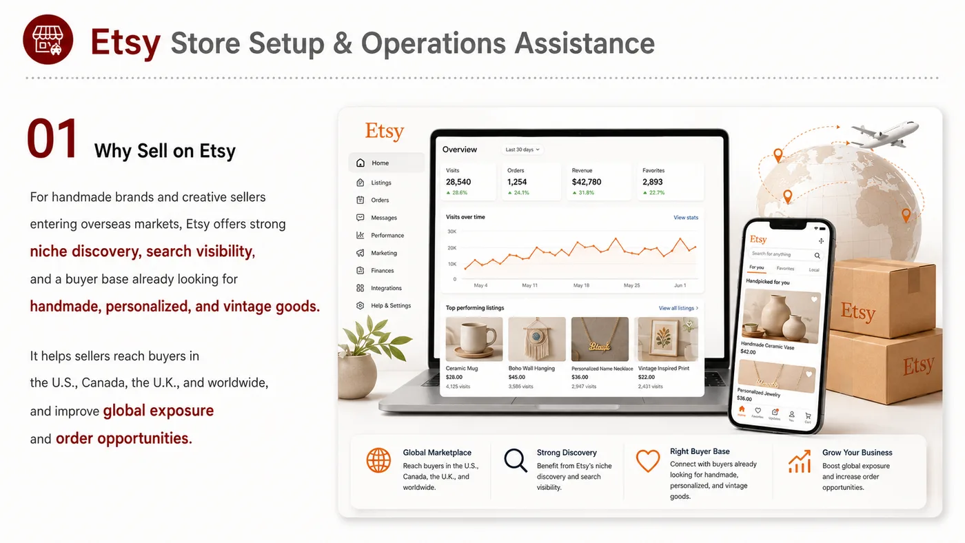 eBay, Etsy and Walmart.com service card, page 6: eBay, Etsy and Walmart.com focuses on platform setup, data preparation, listing optimization, ads, reviews and ongoing...