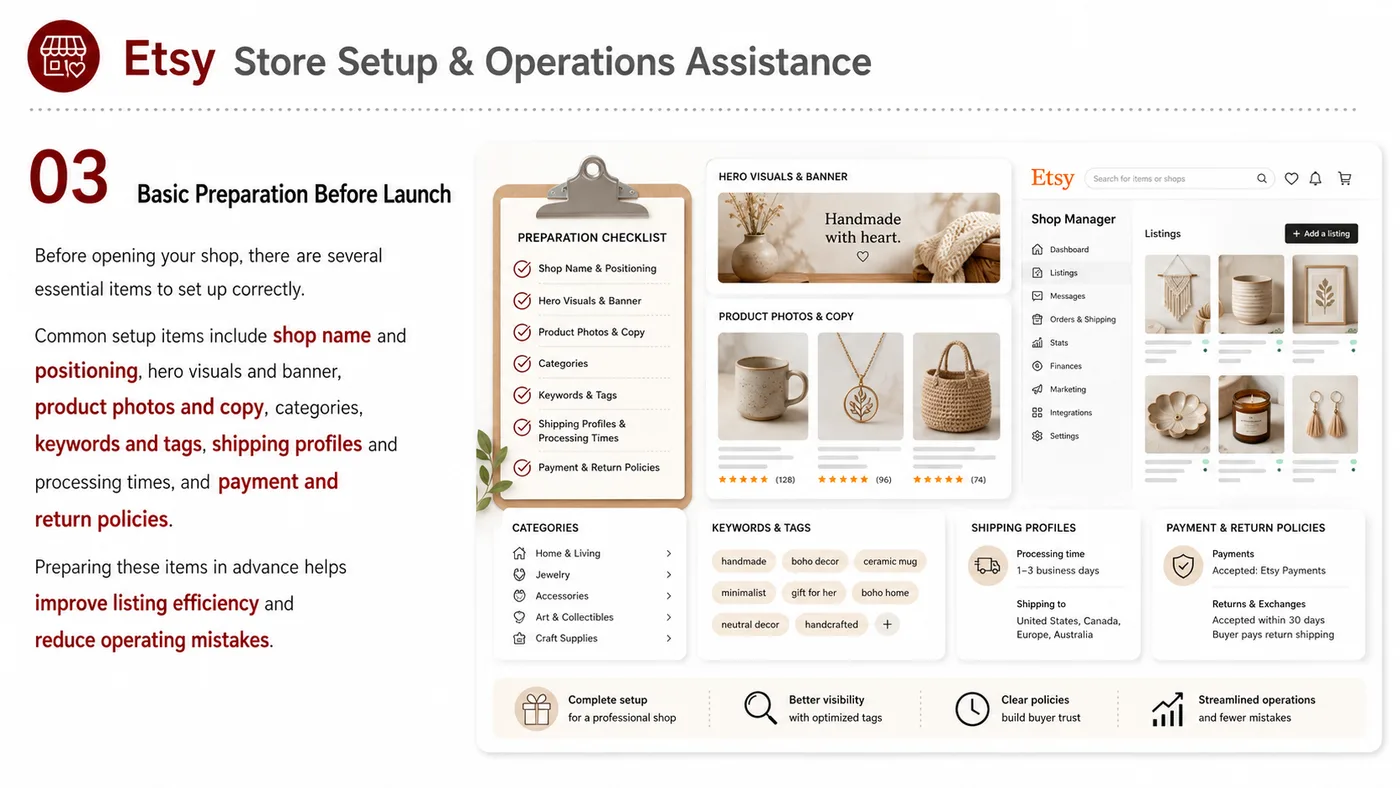 eBay, Etsy and Walmart.com service card, page 8: eBay, Etsy and Walmart.com focuses on platform setup, data preparation, listing optimization, ads, reviews and ongoing...