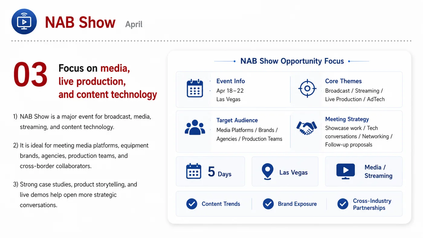 NAB, ISC West and Computex service card, page 3: NAB, ISC West and Computex connects pre-show outreach, on-site assets, booth messaging, buyer reception and follow-up i...