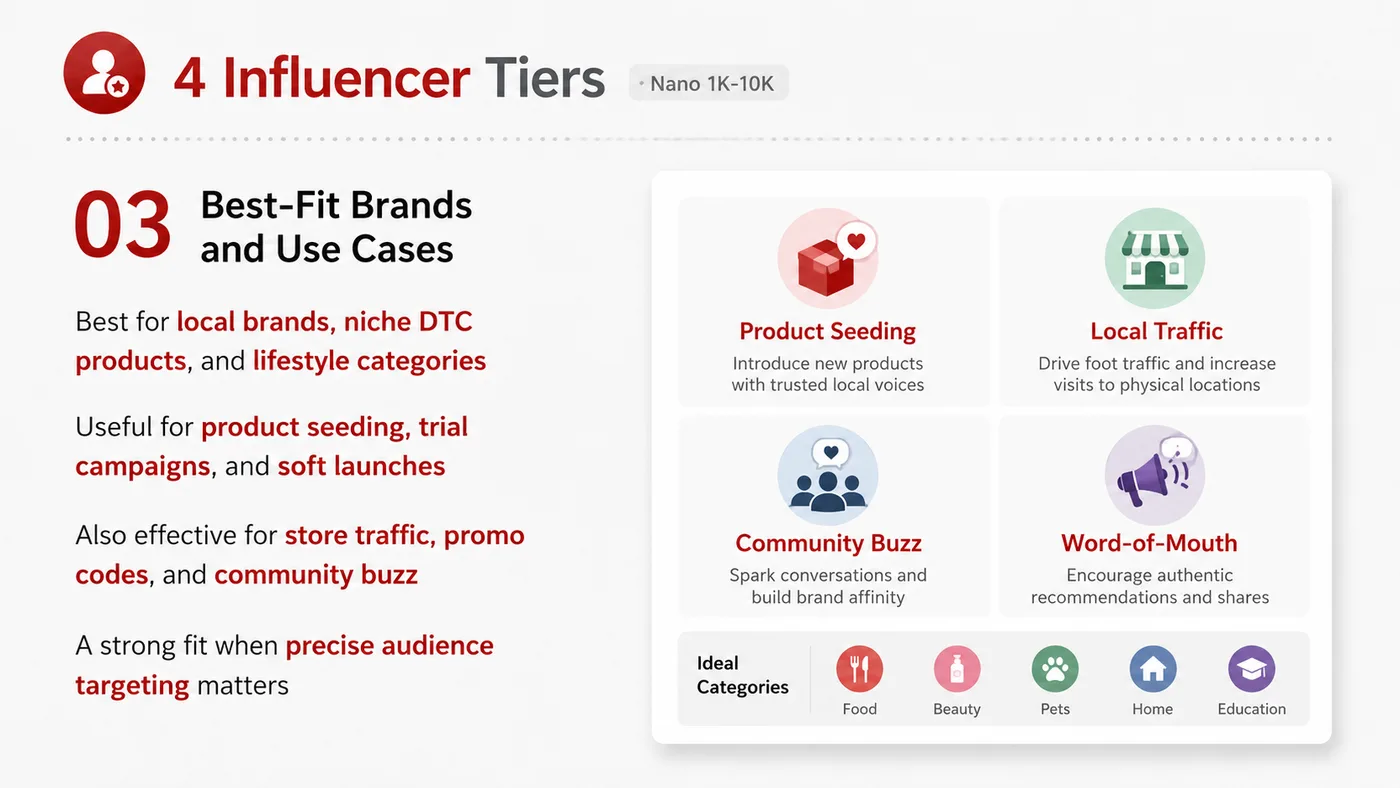 Nano Influencer service card, page 3: Nano Influencer focuses on North America creator and community collaboration through screening, briefs, contracts, revi...