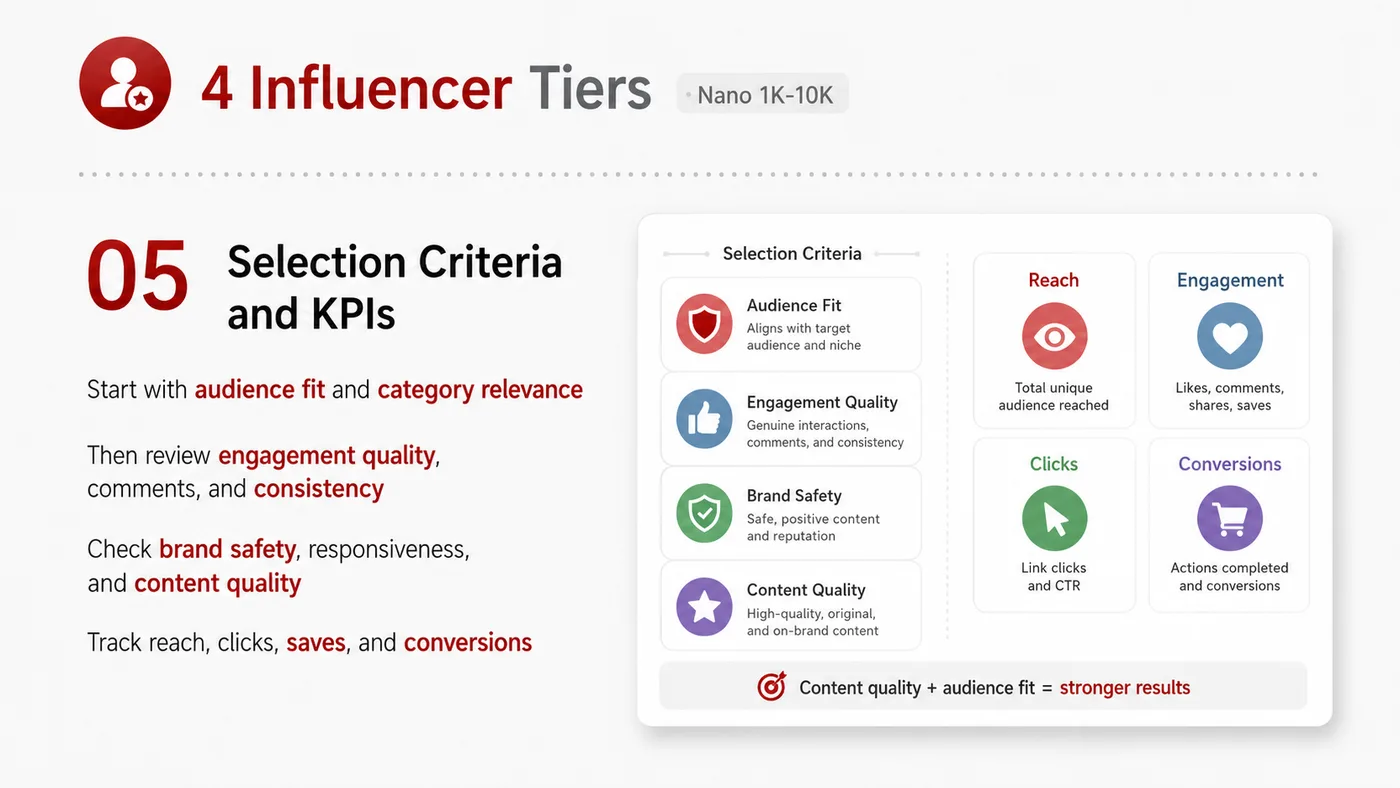 Nano Influencer service card, page 5: Nano Influencer focuses on North America creator and community collaboration through screening, briefs, contracts, revi...