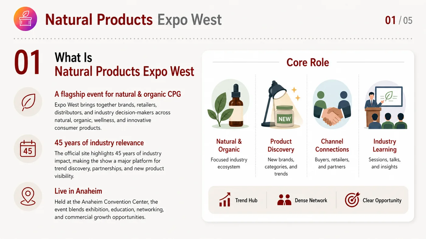 Natural Products Expo West service card, page 1: Natural Products Expo West connects pre-show outreach, on-site assets, booth messaging, buyer reception and follow-up i...