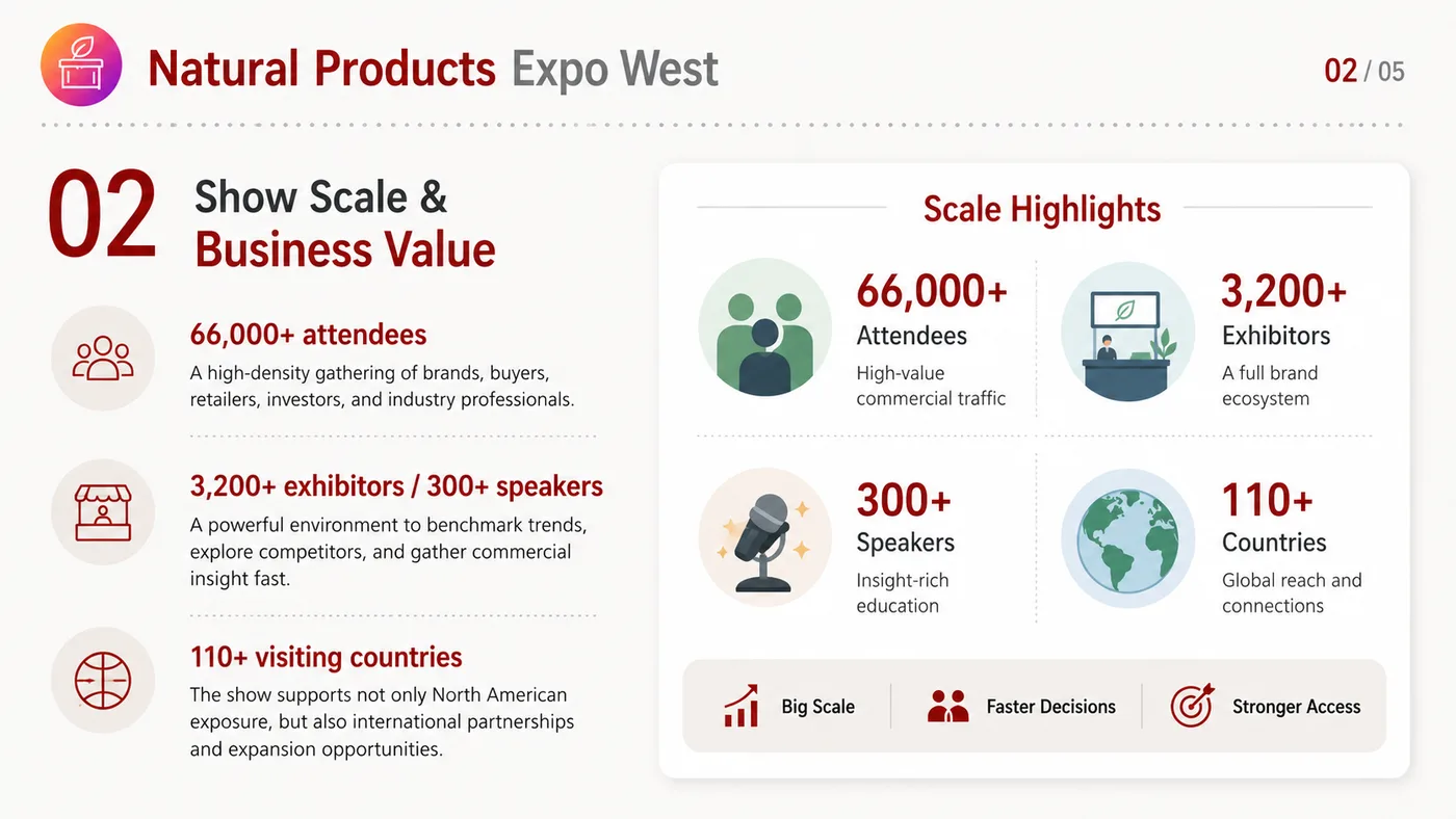 Natural Products Expo West service card, page 2: Natural Products Expo West connects pre-show outreach, on-site assets, booth messaging, buyer reception and follow-up i...