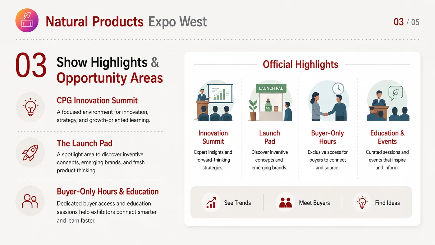 Natural Products Expo West service card, page 3: Natural Products Expo West connects pre-show outreach, on-site assets, booth messaging, buyer reception and follow-up i...