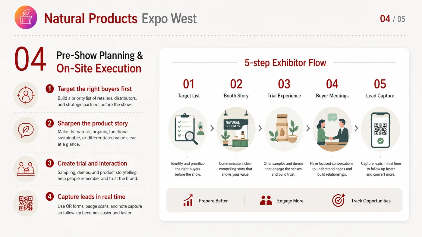 Natural Products Expo West service card, page 4: Natural Products Expo West connects pre-show outreach, on-site assets, booth messaging, buyer reception and follow-up i...