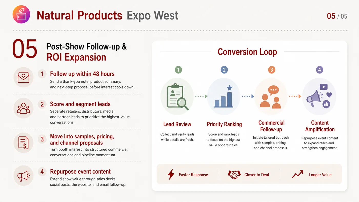 Natural Products Expo West service card, page 5: Natural Products Expo West connects pre-show outreach, on-site assets, booth messaging, buyer reception and follow-up i...