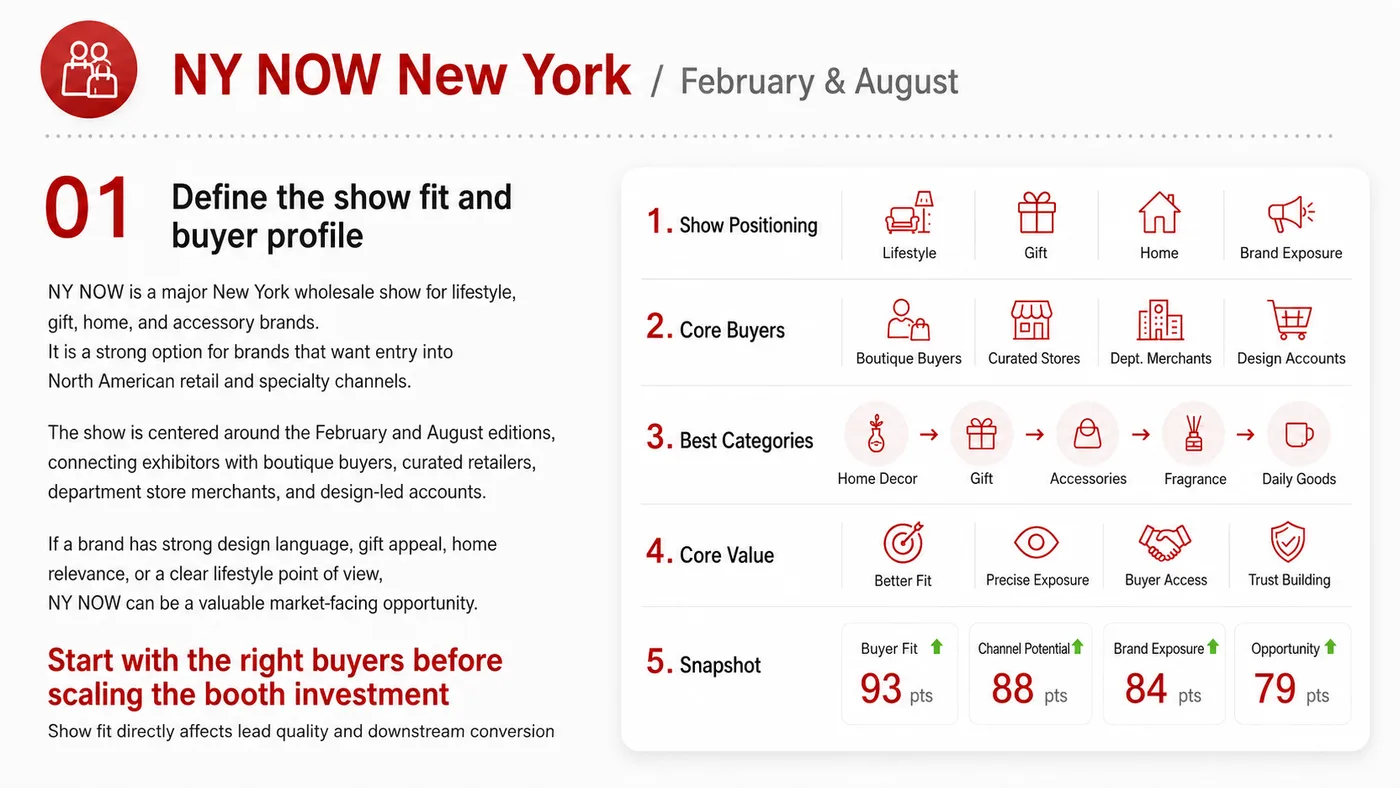 NY NOW service card, page 1: NY NOW connects pre-show outreach, on-site assets, booth messaging, buyer reception and follow-up into a continuing sal...