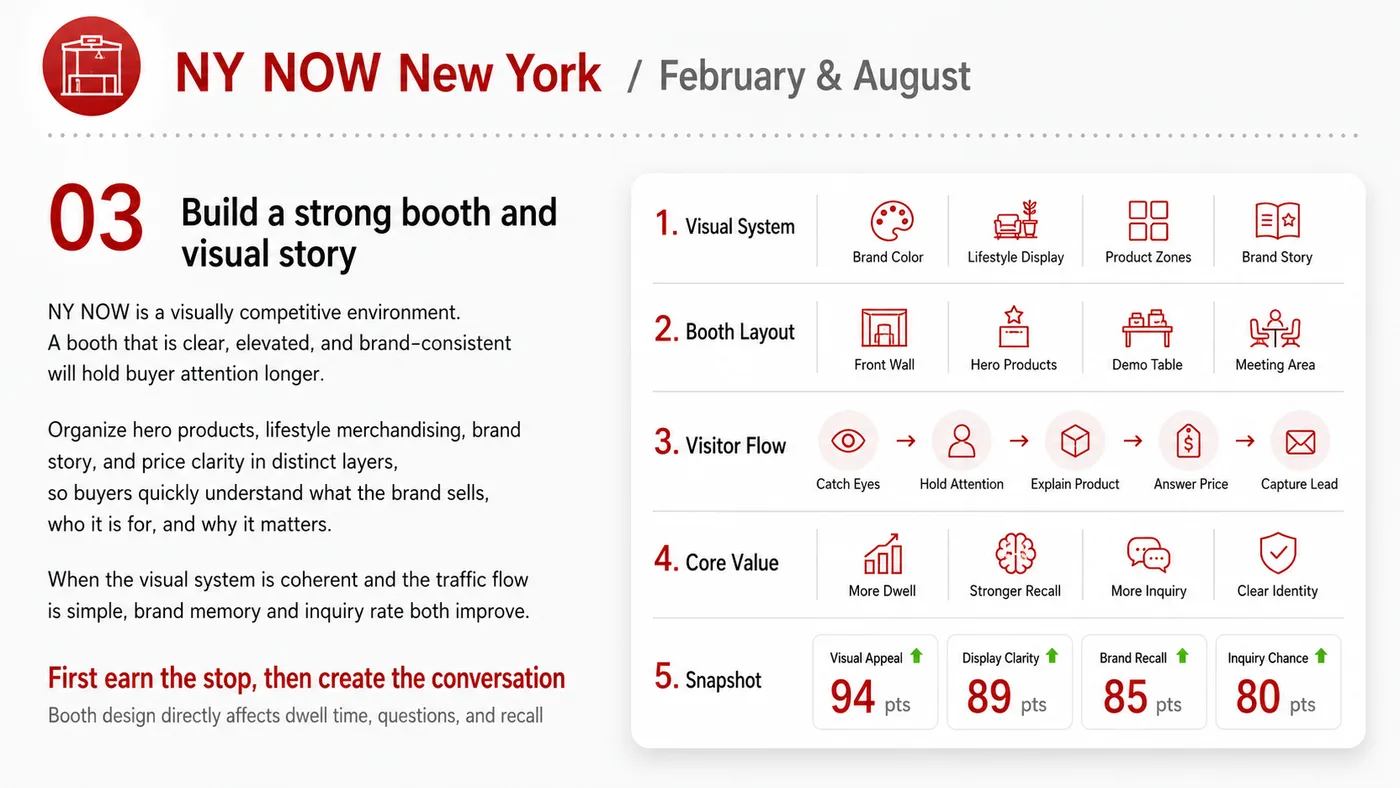 NY NOW service card, page 3: NY NOW connects pre-show outreach, on-site assets, booth messaging, buyer reception and follow-up into a continuing sal...