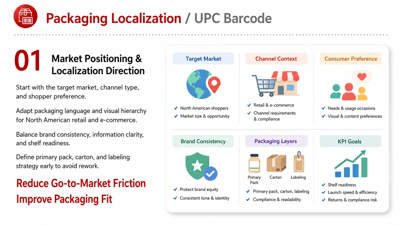 Packaging Localization and UPC service card, page 1: Packaging Localization and UPC prepares channel fit, product data, compliance, packaging, pricing, samples and follow-u...