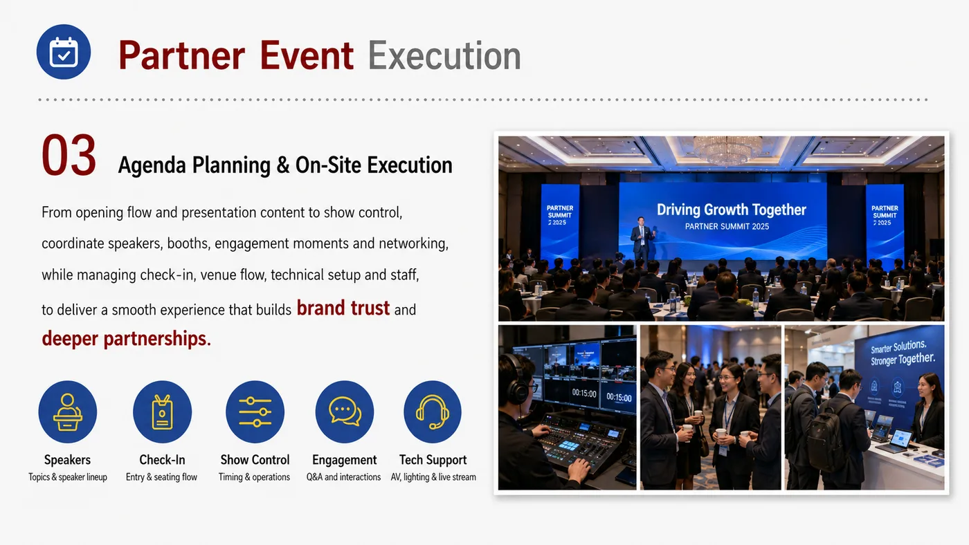Partner Event Planning service card, page 2: Partner Event Planning prepares channel fit, product data, compliance, packaging, pricing, samples and follow-up needed...