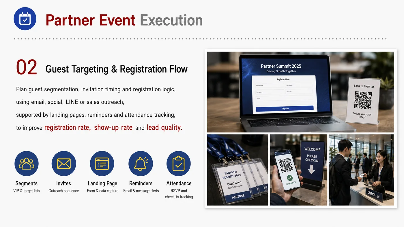 Partner Event Planning service card, page 3: Partner Event Planning prepares channel fit, product data, compliance, packaging, pricing, samples and follow-up needed...