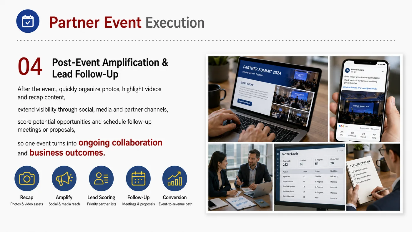 Partner Event Planning service card, page 4: Partner Event Planning prepares channel fit, product data, compliance, packaging, pricing, samples and follow-up needed...