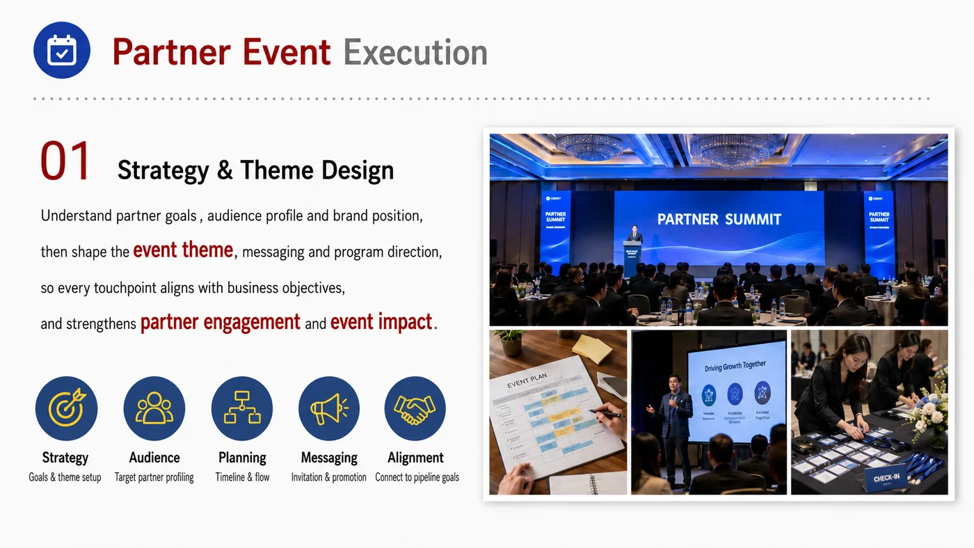 Partner Event Planning service card, page 5: Partner Event Planning prepares channel fit, product data, compliance, packaging, pricing, samples and follow-up needed...