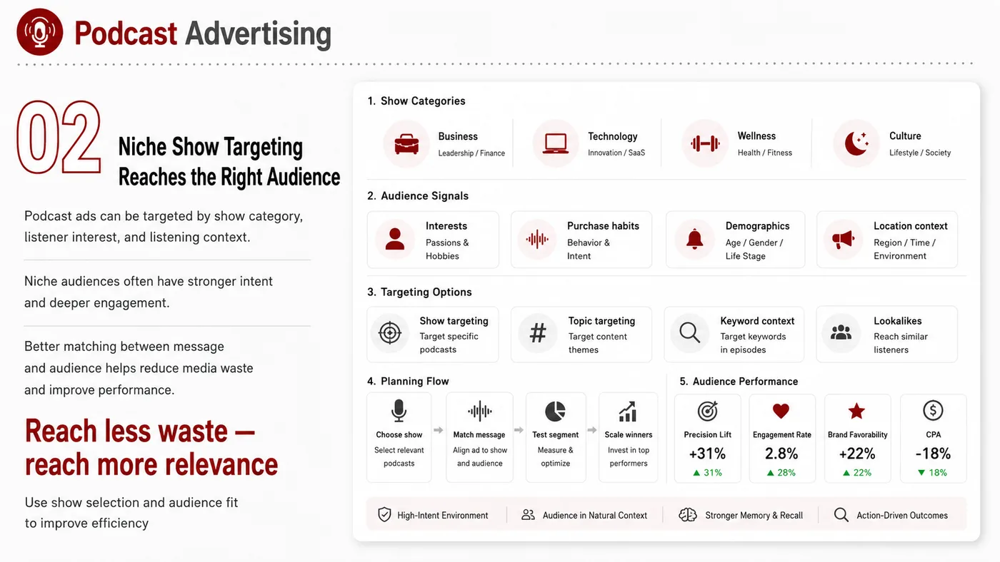 Podcast Advertising service card, page 2: Podcast Advertising turns English narrative, sales assets, trust content and lead tracking into business-development as...