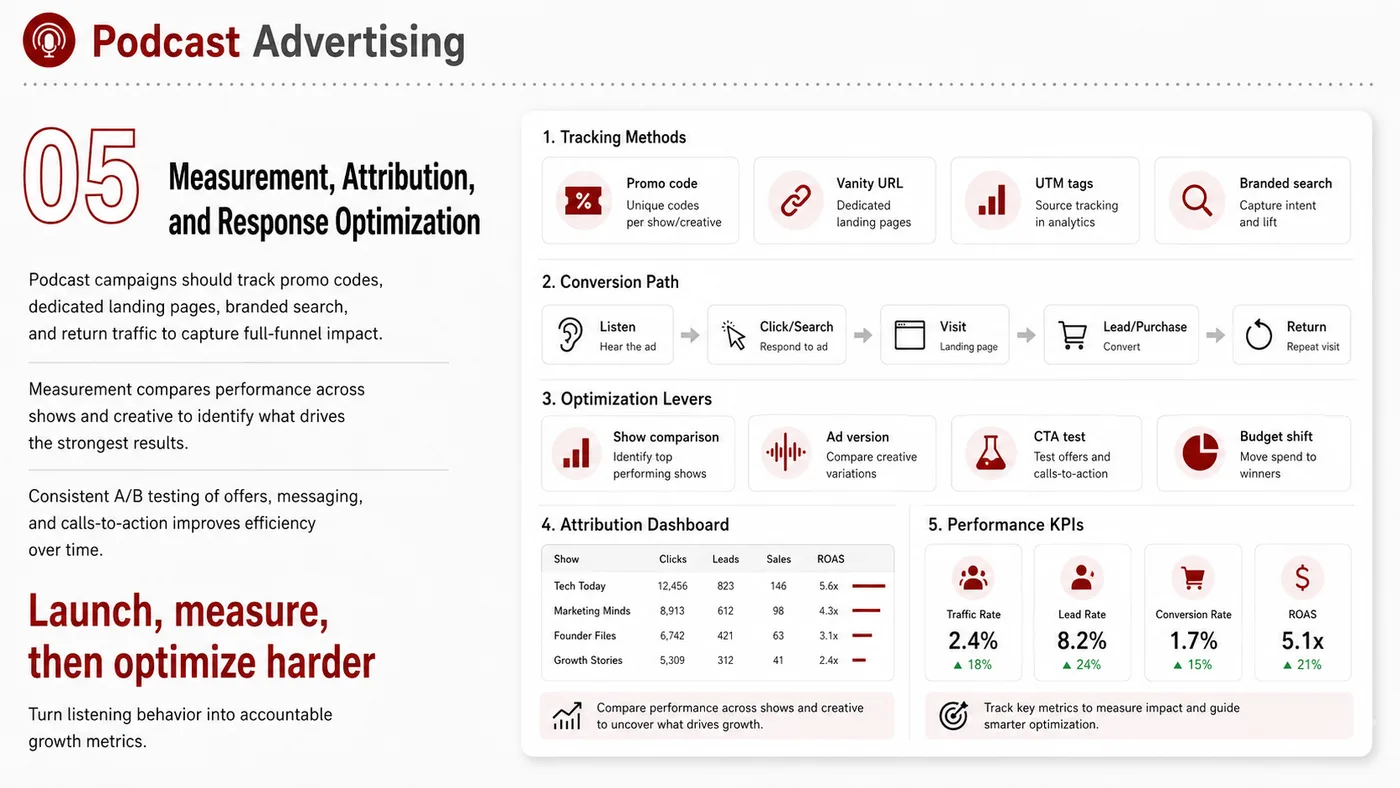 Podcast Advertising service card, page 4: Podcast Advertising turns English narrative, sales assets, trust content and lead tracking into business-development as...