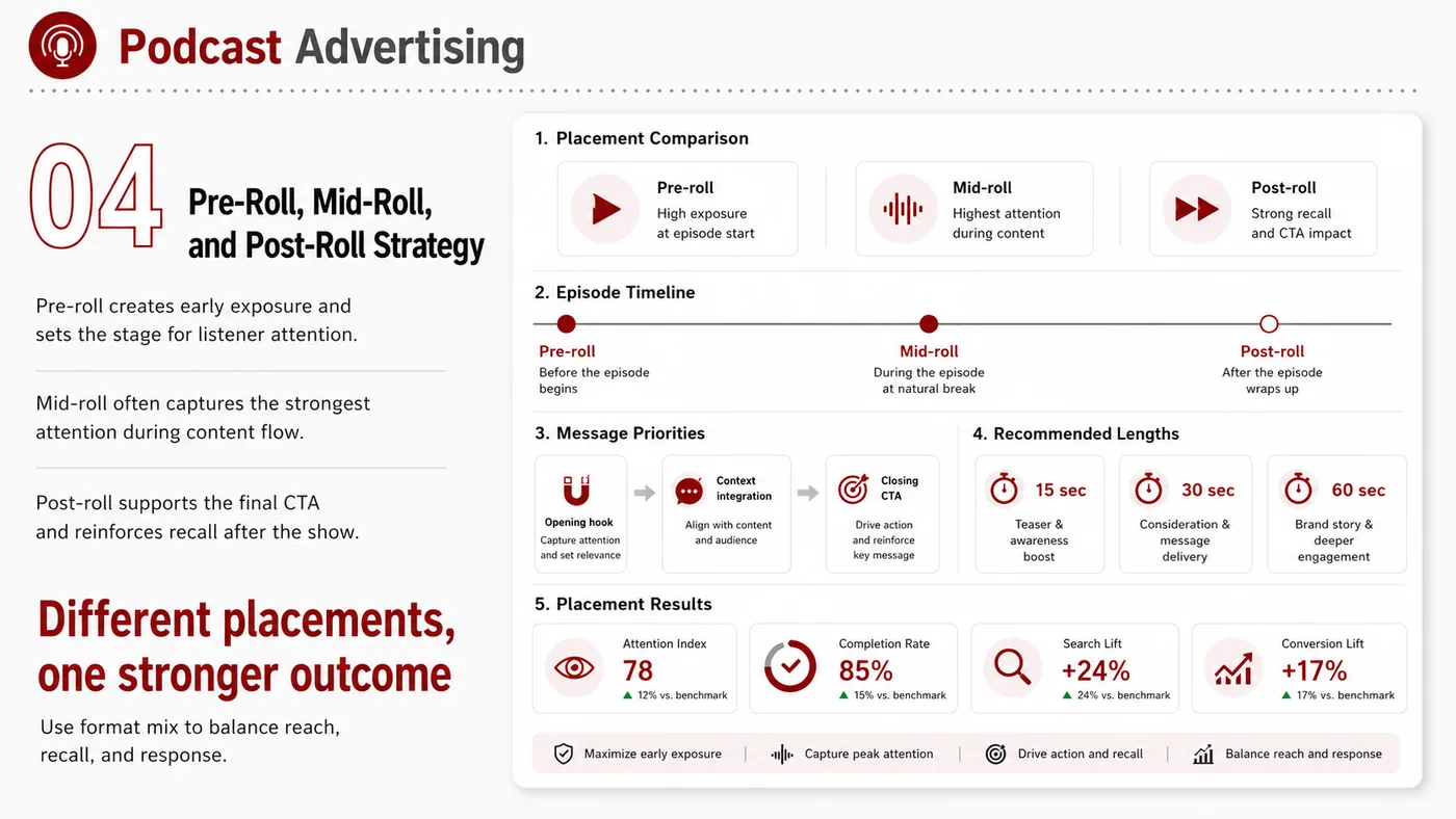 Podcast Advertising service card, page 5: Podcast Advertising turns English narrative, sales assets, trust content and lead tracking into business-development as...