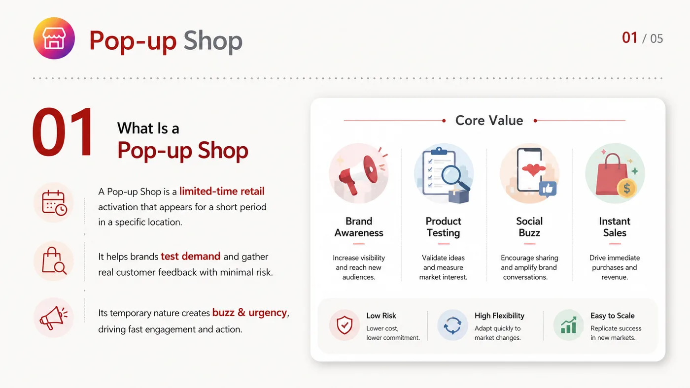 Pop-up Store service card, page 1: Pop-up Store connects pre-show outreach, on-site assets, booth messaging, buyer reception and follow-up into a continui...