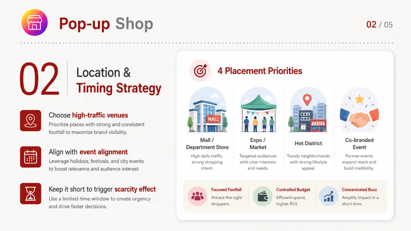 Pop-up Store service card, page 2: Pop-up Store connects pre-show outreach, on-site assets, booth messaging, buyer reception and follow-up into a continui...