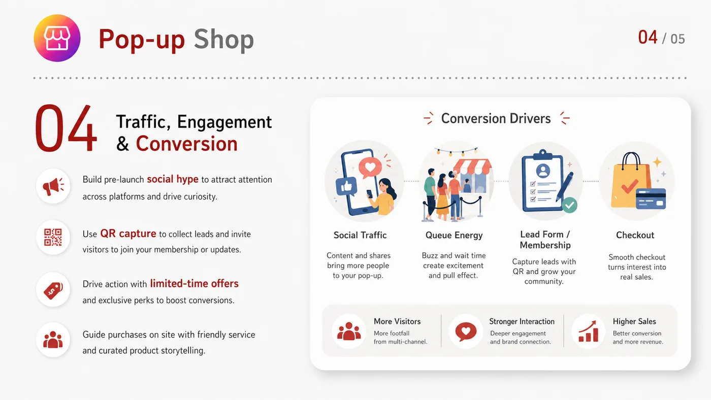 Pop-up Store service card, page 5: Pop-up Store connects pre-show outreach, on-site assets, booth messaging, buyer reception and follow-up into a continui...