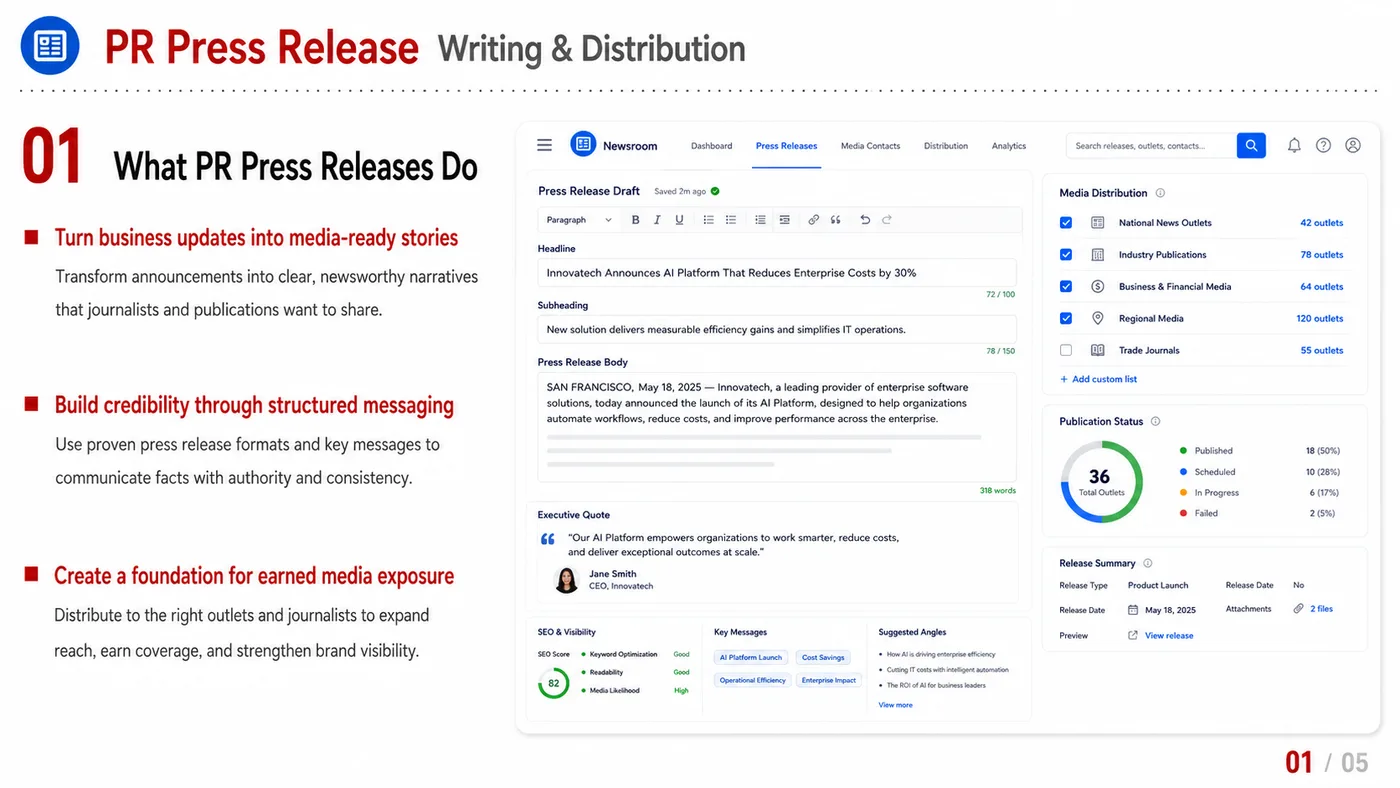 PR Writing and Distribution service card, page 1: PR Writing and Distribution turns English narrative, sales assets, trust content and lead tracking into business-develo...