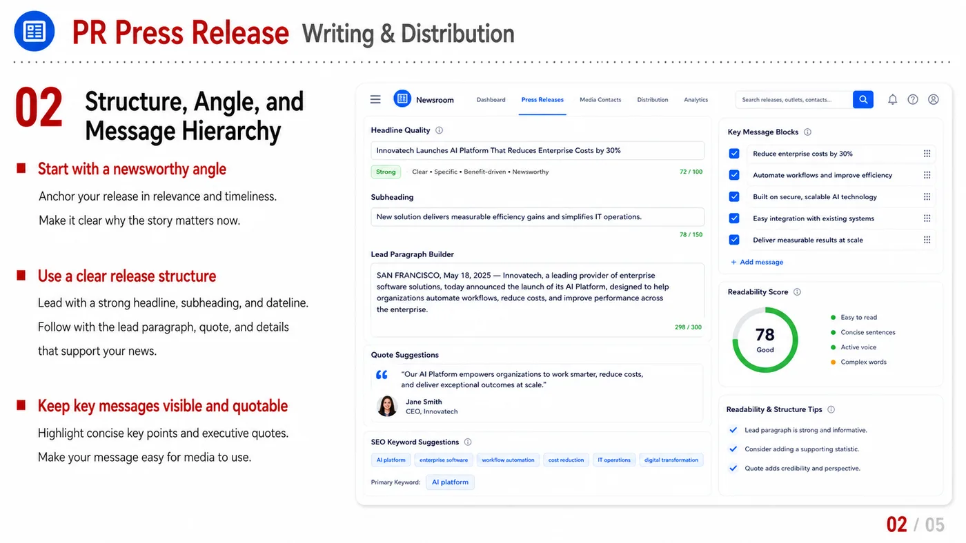PR Writing and Distribution service card, page 2: PR Writing and Distribution turns English narrative, sales assets, trust content and lead tracking into business-develo...