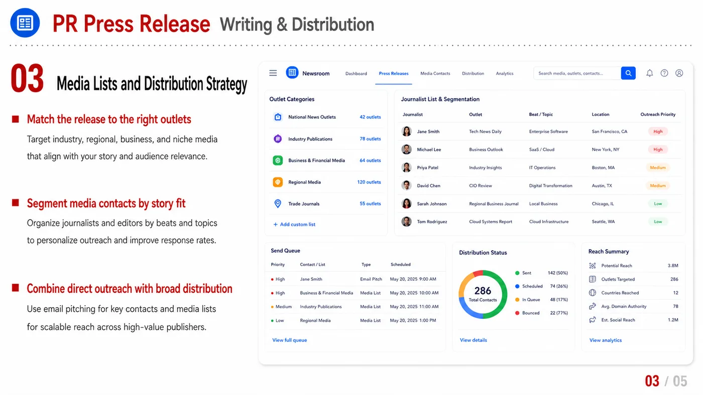 PR Writing and Distribution service card, page 3: PR Writing and Distribution turns English narrative, sales assets, trust content and lead tracking into business-develo...