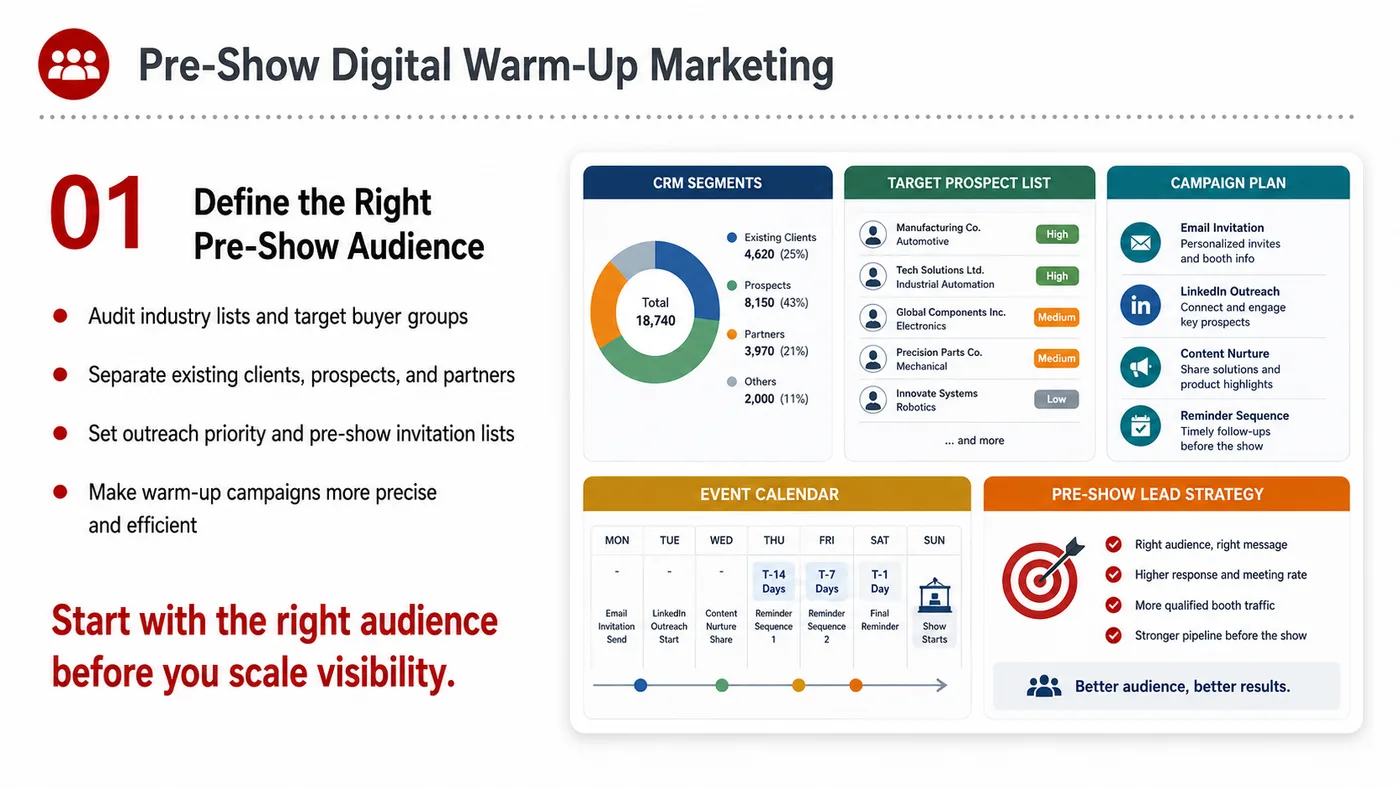 Pre-show Digital Warm-up service card, page 1: Pre-show Digital Warm-up connects pre-show outreach, on-site assets, booth messaging, buyer reception and follow-up int...