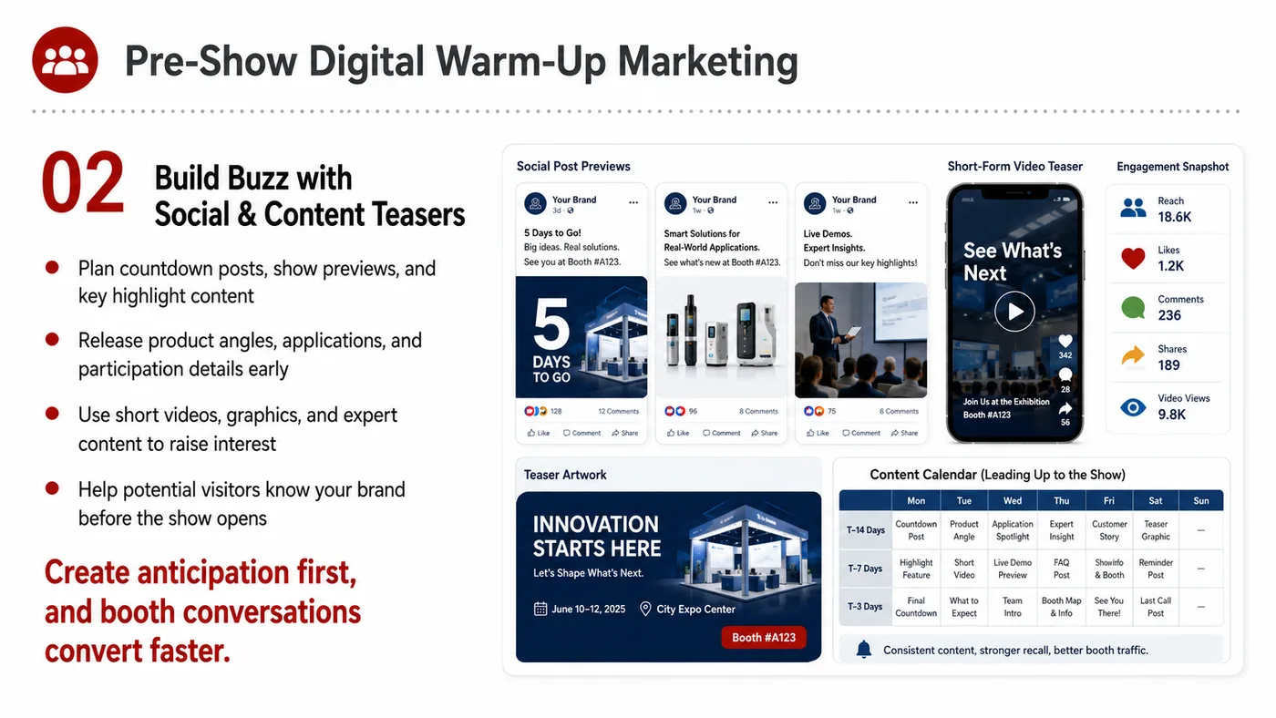 Pre-show Digital Warm-up service card, page 2: Pre-show Digital Warm-up connects pre-show outreach, on-site assets, booth messaging, buyer reception and follow-up int...