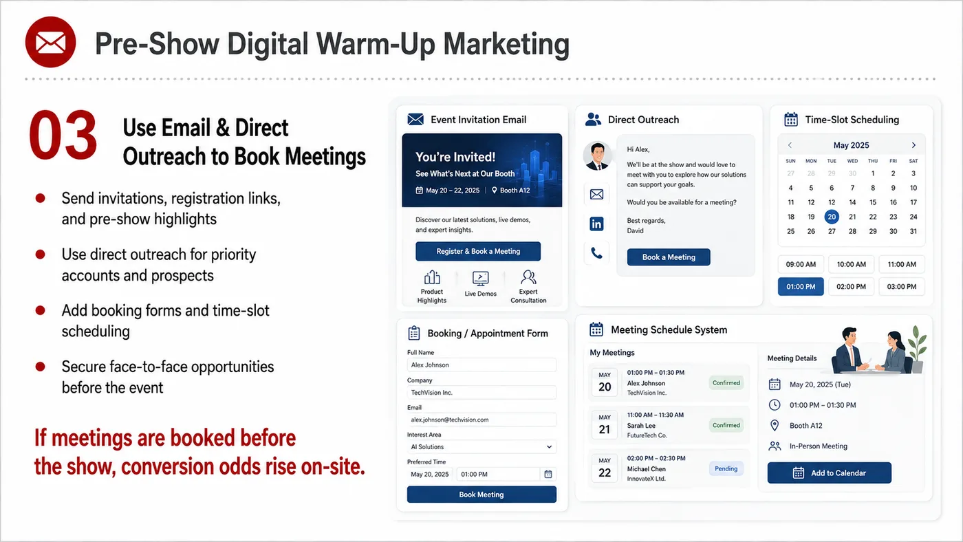 Pre-show Digital Warm-up service card, page 3: Pre-show Digital Warm-up connects pre-show outreach, on-site assets, booth messaging, buyer reception and follow-up int...