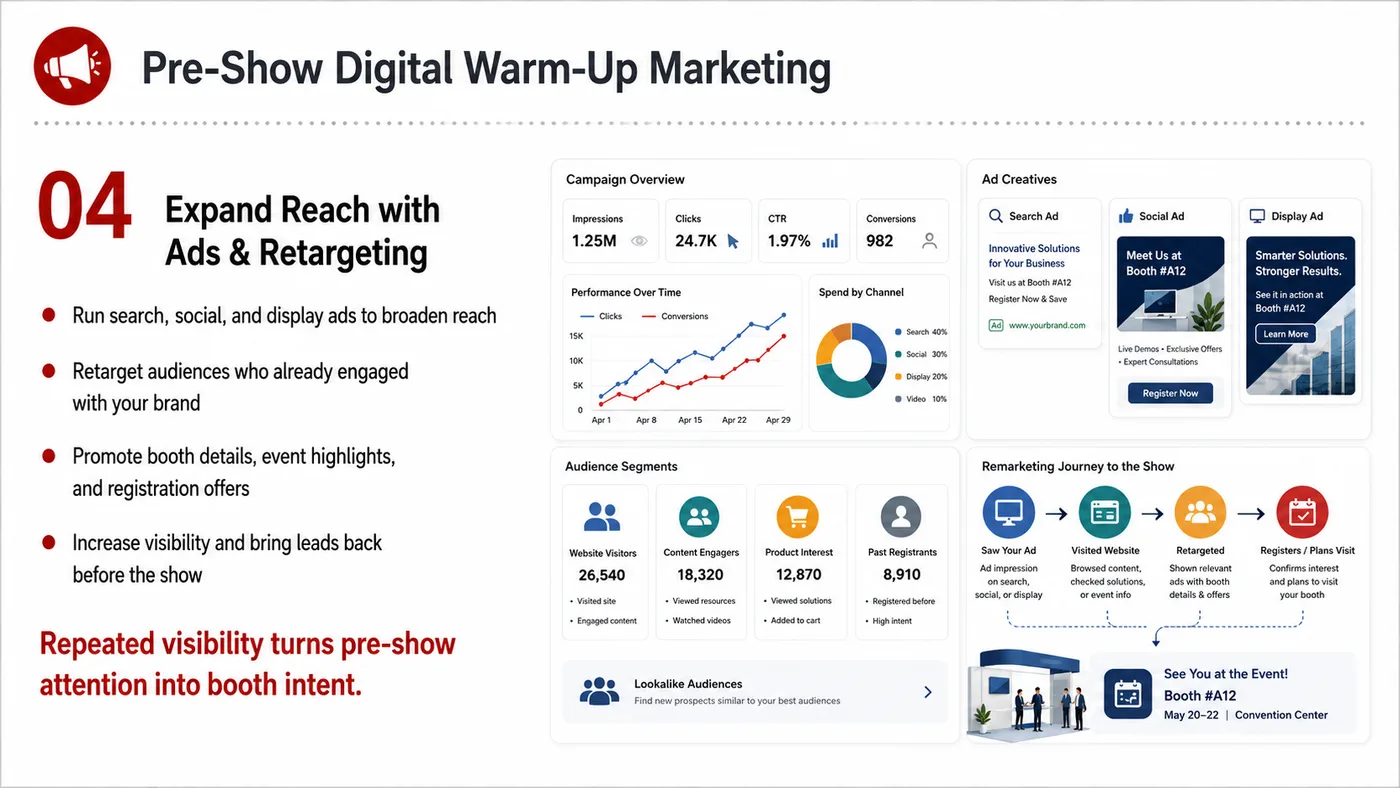 Pre-show Digital Warm-up service card, page 4: Pre-show Digital Warm-up connects pre-show outreach, on-site assets, booth messaging, buyer reception and follow-up int...
