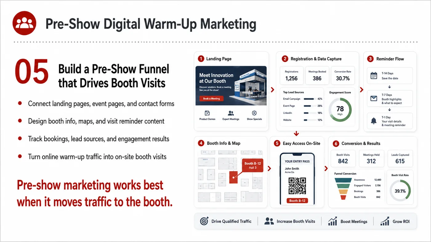 Pre-show Digital Warm-up service card, page 5: Pre-show Digital Warm-up connects pre-show outreach, on-site assets, booth messaging, buyer reception and follow-up int...