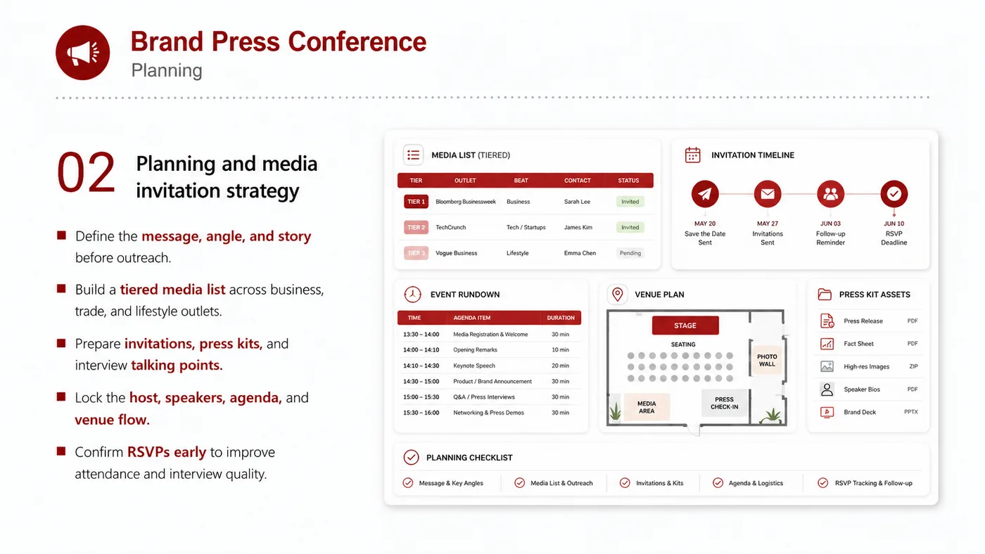 Brand Press Conference service card, page 1: Brand Press Conference connects pre-show outreach, on-site assets, booth messaging, buyer reception and follow-up into...