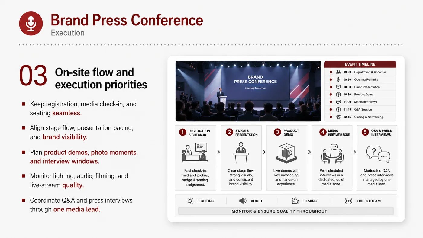 Brand Press Conference service card, page 2: Brand Press Conference connects pre-show outreach, on-site assets, booth messaging, buyer reception and follow-up into...