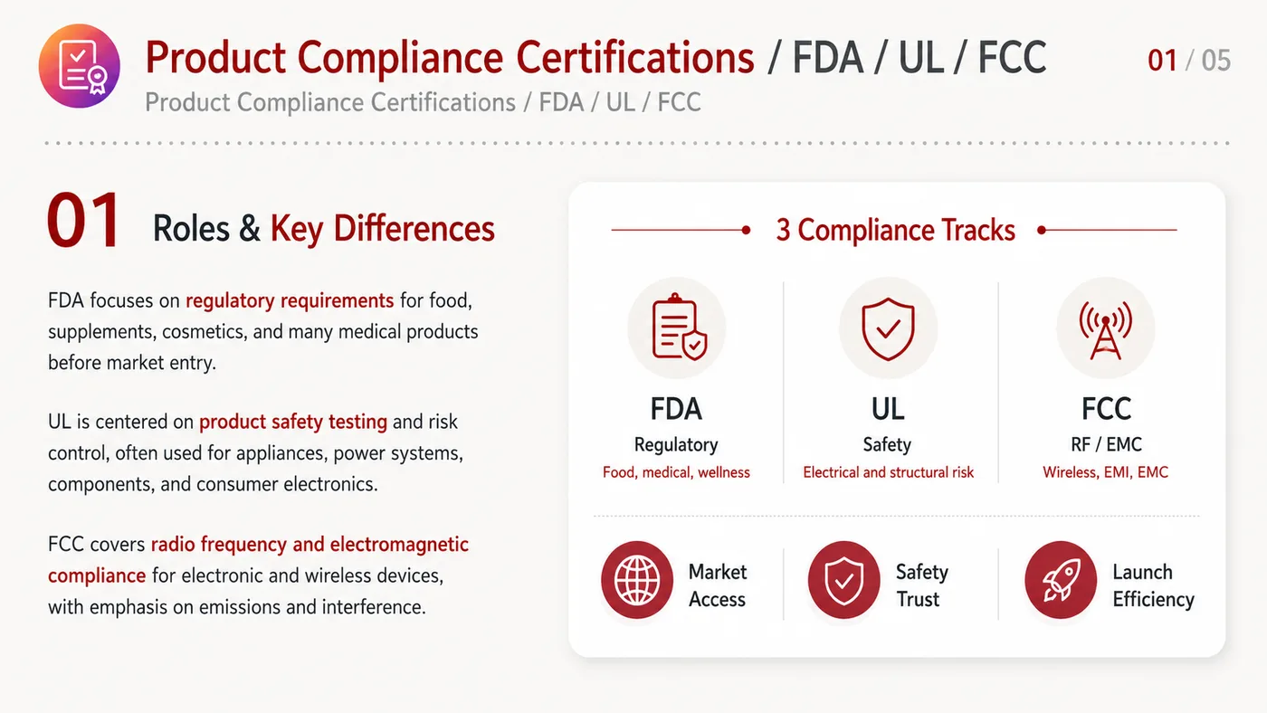 Product Compliance Certification service card, page 1: Product Compliance Certification prepares channel fit, product data, compliance, packaging, pricing, samples and follow...