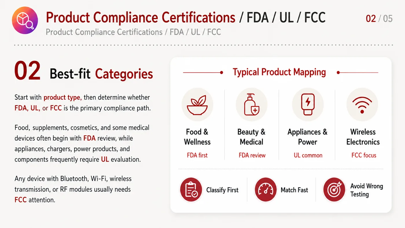 Product Compliance Certification service card, page 2: Product Compliance Certification prepares channel fit, product data, compliance, packaging, pricing, samples and follow...