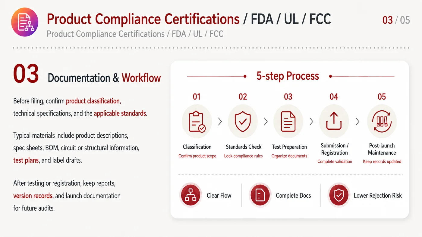 Product Compliance Certification service card, page 3: Product Compliance Certification prepares channel fit, product data, compliance, packaging, pricing, samples and follow...