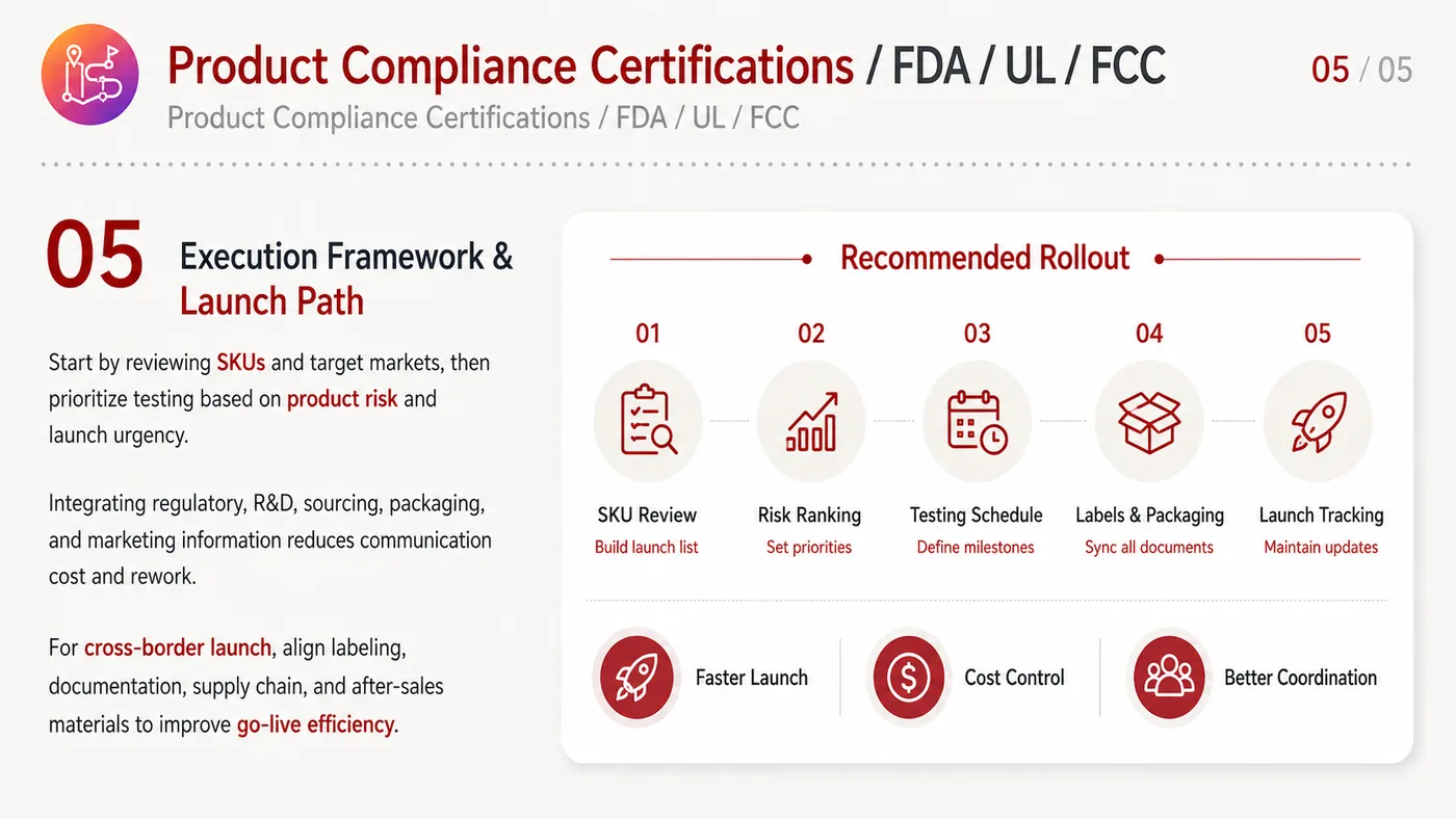 Product Compliance Certification service card, page 5: Product Compliance Certification prepares channel fit, product data, compliance, packaging, pricing, samples and follow...