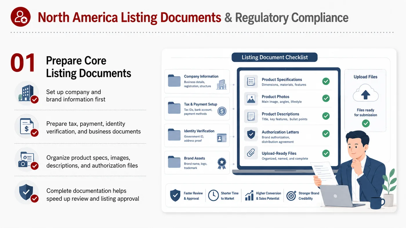 Listing Documents and Compliance service card, page 1: Listing Documents and Compliance focuses on platform setup, data preparation, listing optimization, ads, reviews and on...