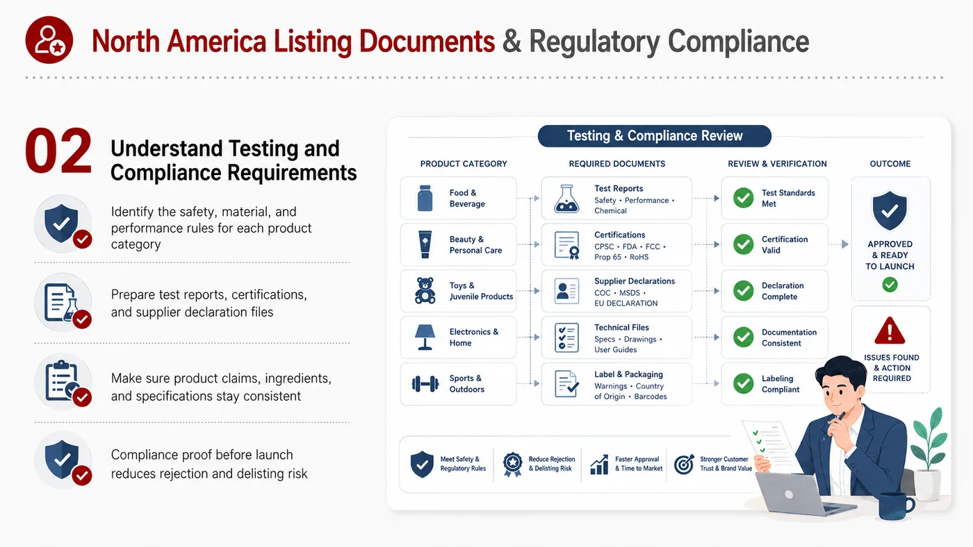 Listing Documents and Compliance service card, page 2: Listing Documents and Compliance focuses on platform setup, data preparation, listing optimization, ads, reviews and on...