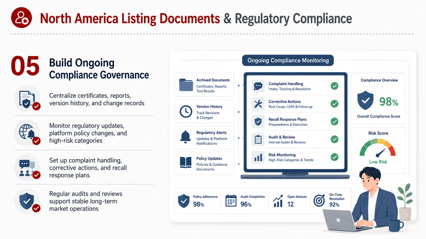 Listing Documents and Compliance service card, page 5: Listing Documents and Compliance focuses on platform setup, data preparation, listing optimization, ads, reviews and on...